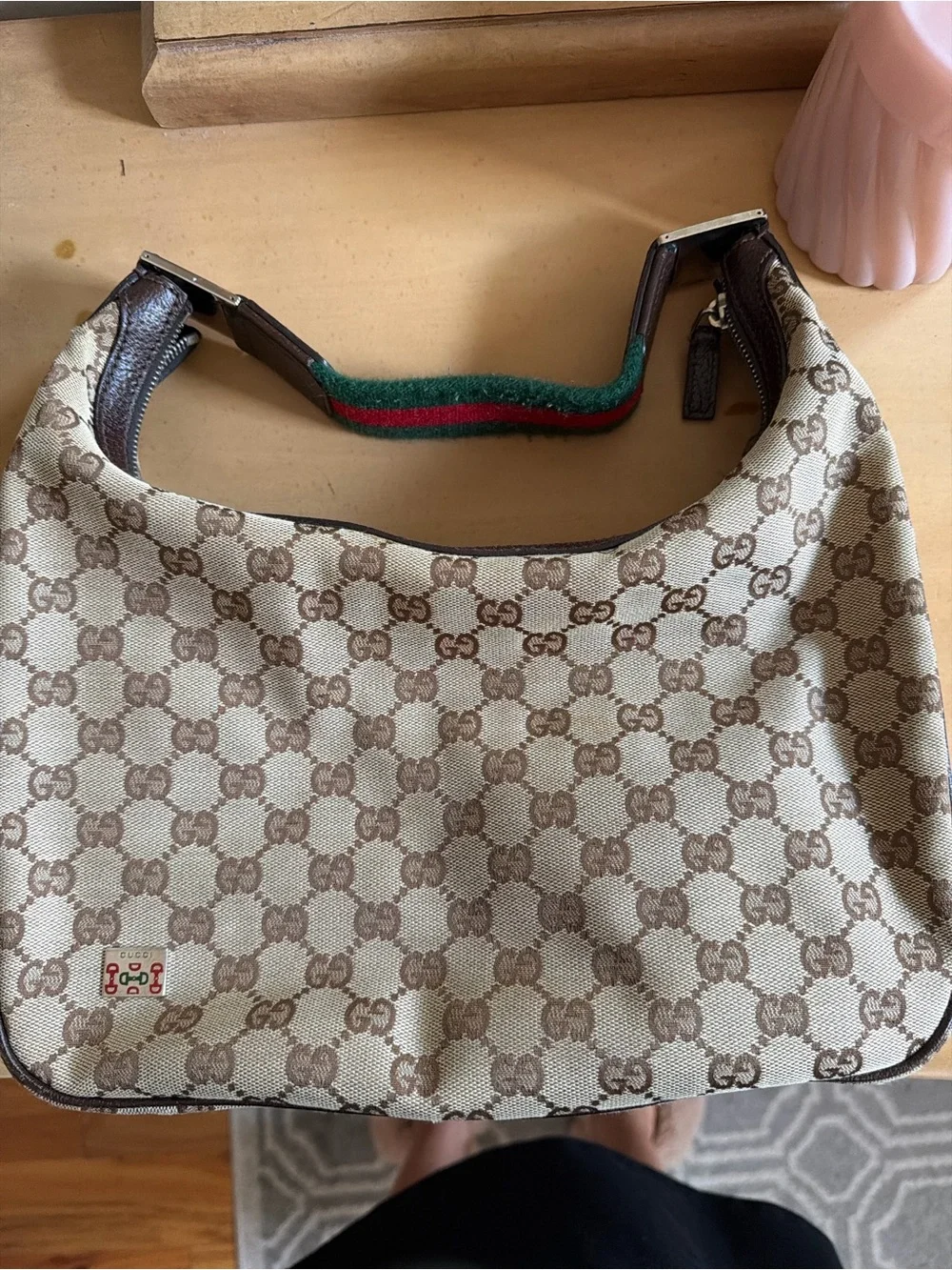Authentic Gucci Hobo Brown GG Canvas Shoulder Bag with Green-Red Web Strap